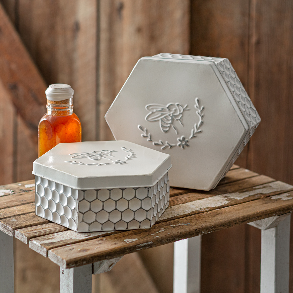 Set of Two Bee Boxes Largest is 9''W x 9''D x 4''H